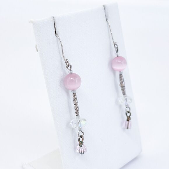 Vintage Silver-Tone Pink Beaded Dangle Earrings - Picture 3 of 5